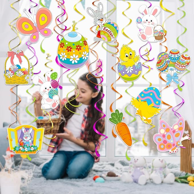 Hanging Easter Decorations Swirls 30pcs, Easter Egg Bunny Ceiling Hanging Party Streamers, Foil Easter Party Decor Supplies for Home Office School, Dangling Spinners Easter Party Ceiling Decor