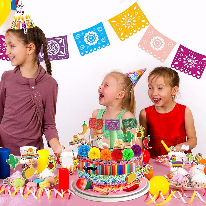 Hooqict 33Pcs Fiesta Cake Decorations Set with Mini Papel Picado Banner, Serape Ribbon, Cactus, Taco and Flower Mexican Cake Toppers & Cupcake Toppers for Cinco de Mayo Mexican Theme Party Decorations
