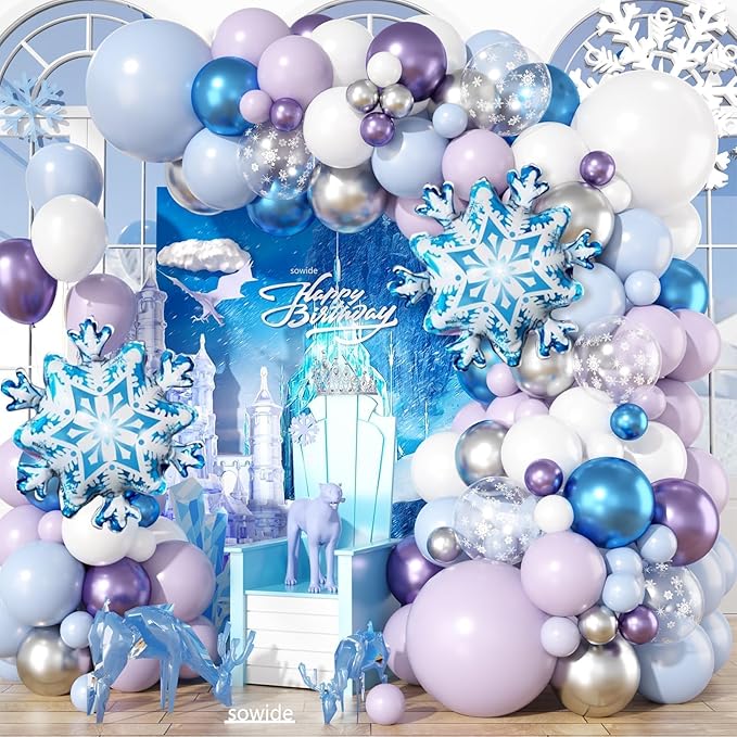 Frozen Birthday Balloon Arch Kit, Metallic Purple Blue Silver Snowflake Balloons for Girls Winter Theme Birthday Snow Theme Party Baby Shower Winter Party Decorations
