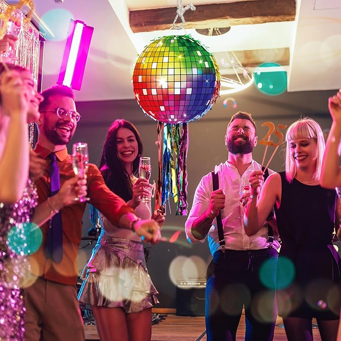 Colorful Disco Ball Pinata with Stick and Blindfold 80s 90s Theme Party Decorations Disco Pinata for Birthday Weddings Roller Skating Party Supplies