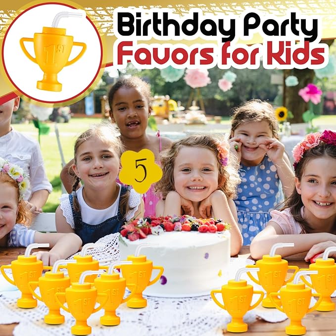 Amyhill 12 Pcs Race Car Trophy Cups With Straws and Lids 12 Oz Plastic Race Car Birthday Party Supplies And Favors For Kids Adults Props Rewards Winning Prizes Competitions (Gold)