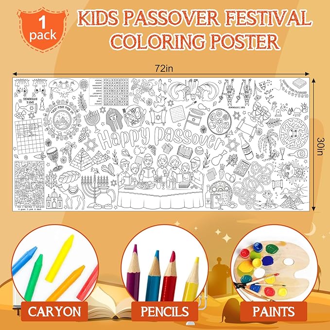 Happy Passover Large Coloring Tablecloth Poster for Kids, Pesach Jumbo Coloring Paper Poster Sheets, Passover Color-in Craft Activities for Kids Festive Seder Party Supplies Decorations, 30 x 72Inch