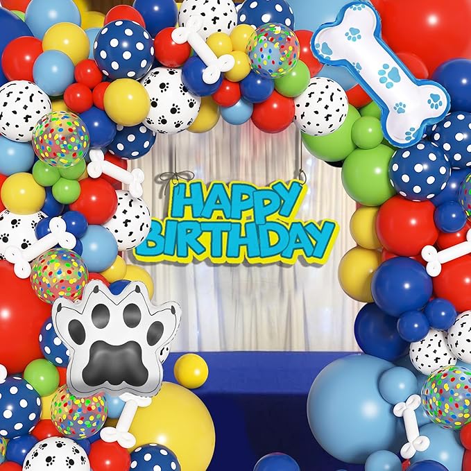 Amandir 155pcs Paw Balloons Garland Arch Kit with Dog Bone Paw Print Foil Balloons, Red Yellow Blue Green Paw Balloon for Boy Paw Themed Birthday Party Decorations Supplies