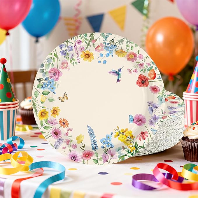 50 Pcs Wildflower Paper Plates 10" Large Vintage Wild Flower Dessert Plates Disposable Watercolor Floral Butterfly Bird Party Supplies for Spring Wedding Birthday Bridal Baby Shower Party Decorations