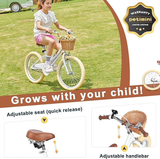 Petimini Vintage Kids Bike for Girls, 12–20 Inch Classic Bicycle with Wicker Basket & Bell, High Tensile Steel Frame, Training Wheels (12–18”), 85% Pre-Assembled, Retro Bike for Outdoor Riding