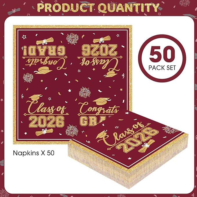 50 Pcs Graduation Napkins Class of 2026 - Maroon Gold Congrats Grad Napkins Set, 3-Ply Disposable Graduation Luncheon Dinner Party Paper Napkins for Grad Party Supplies Table Decoration