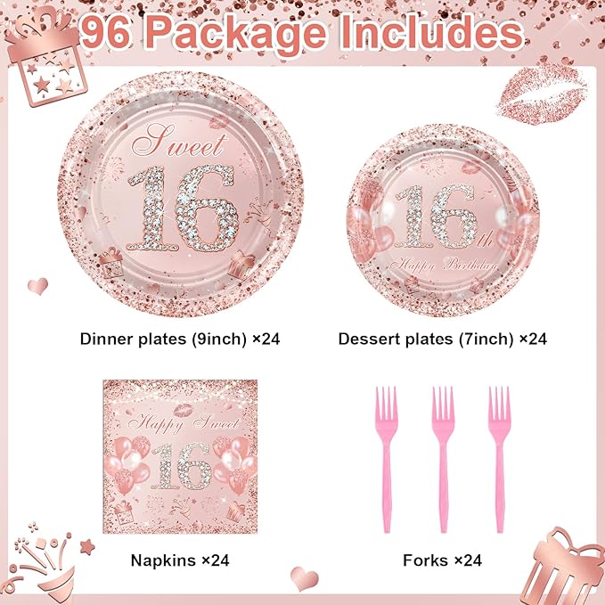 Avezano 96 Pcs Rose Gold Sweet 16 Birthday Party Paper Plates and Napkins Girls Sweet 16 Decorations Sweet Sixteen Birthday Party Disposable Paper Tableware Serve 24