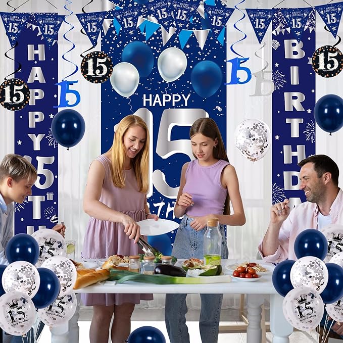 15th Birthday Decorations for Boys Girls, Navy Blue Happy 15th Birthday Door Banner Sign, 15 Years Old Party Supplies Teenagers Bday Backdrop Balloons Hanging Decors
