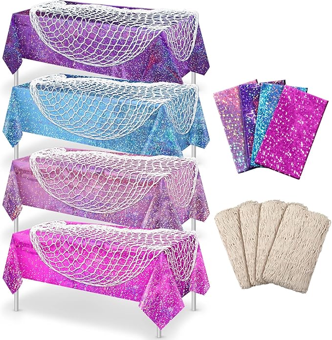 Unittype 8 Pcs Fish Net Decorative and Tablecloth Set, Cotton Fishnet and Plastic Table Cover Decorations Set for Nautical Themed Party Baby Shower Pirate Decorations Mermaid Party (Laser Colors)
