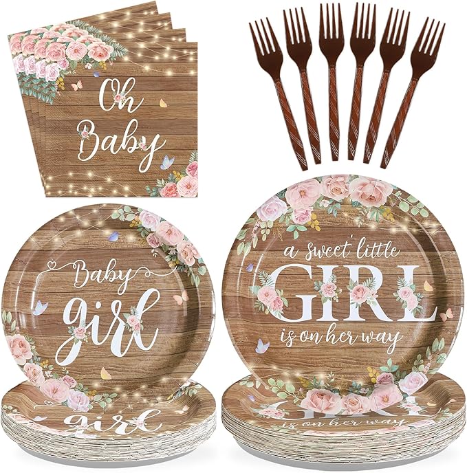 96 Pcs Rustic Girl Baby Shower Decorations Pink Floral Rustic Wood Paper Plates and Napkins A Sweet Little Girl Is on Her Way Tableware Set for Baby Shower Birthday Party Supplies