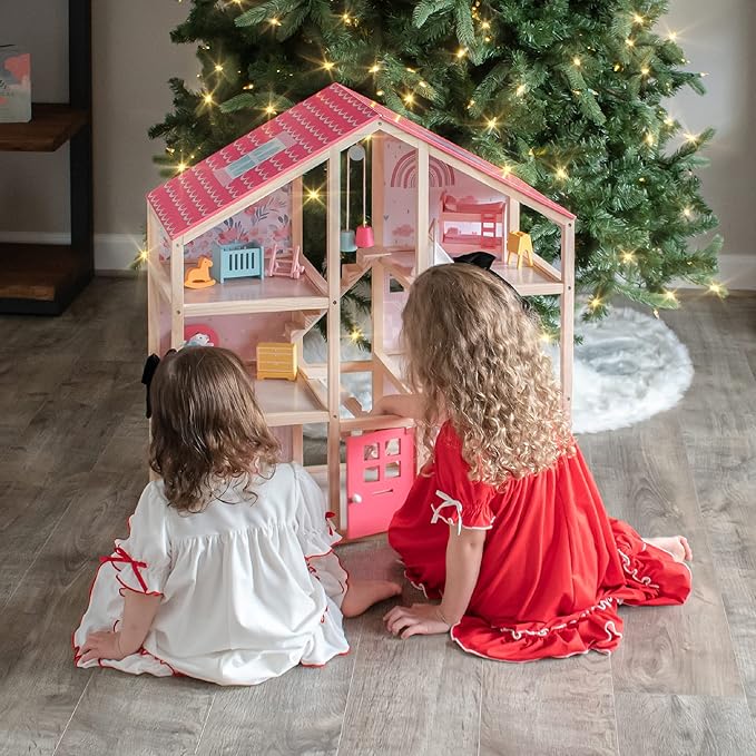Tiny Land Wooden Dollhouse for Girls - 6 Rooms Wooden Doll House, DIY Pretend Doll House with 31Pcs Furniture Accessories, Creative Gift for Girl Ages 3+