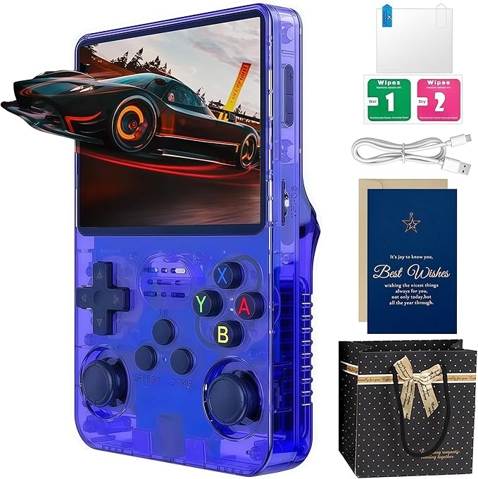 R36s Handheld Game Console Set (with Card & Bag) | 3.5 Inch IPS,128GB TF Card,21000+ Retro Games | Ready-to-Give Present for Adults (Blue Gift Set)