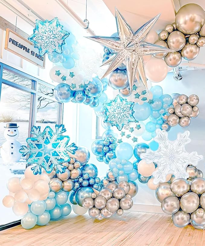 Snowflake Balloon, 12 Inch Ice Snow Blue White Balloons Pearl blue Metallic Blue Silver for Winter Wonderland Theme Snow Party Baby Shower Party Birthday Party Decorations