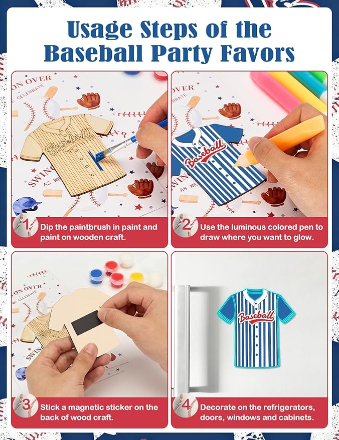 Bafeil 24 Set Baseball Party Favors - Baseball Birthday Party Favors - Non-Toxic DIY Wooden Paint Crafts with Magnet Luminous Pen - Sport Theme Goodie Bags Gifts Prizes