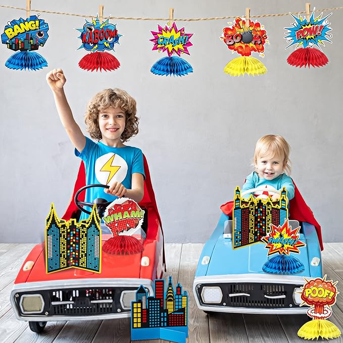 Funrous 11 Pieces Hero Party Decoration Hero Honeycomb Centerpieces 3D Table Topper Paper Large Word Centerpieces Fun Action Sign Standing Card for Birthday Baby Shower Decor Supplies(Classic)