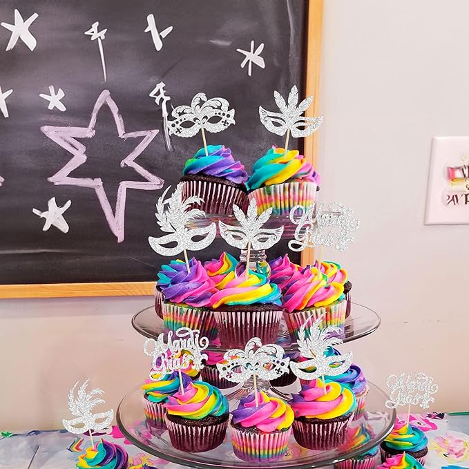 Gyufise 24Pcs Masquerade Masks Cupcake Toppers Silver Glitter Bachelorette Mask Cupcake Topper Mardi Gras Cake Picks Decorations for Masquerade Mardi Gras Party Baby Shower Birthday Party Supplies