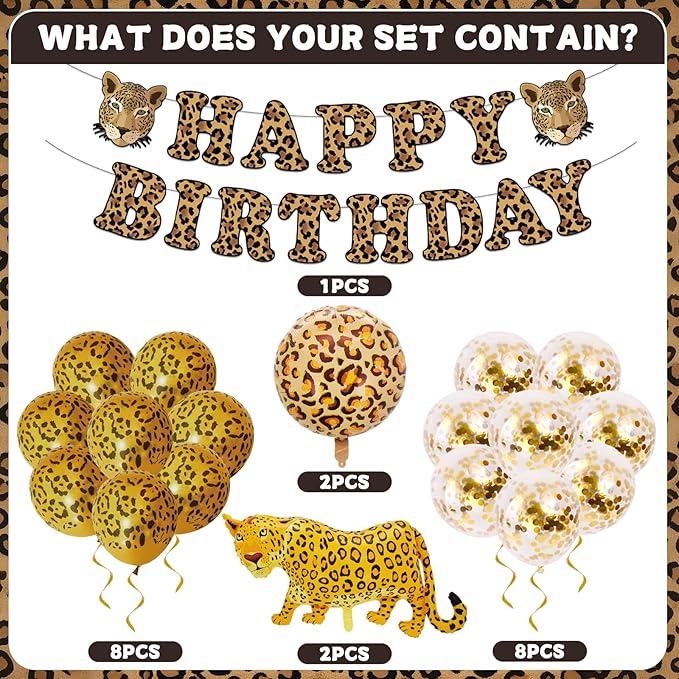 21 Pcs Cheetah Birthday Party Decorations Leopard Happy Birthday Banner Cheetah Gold Balloons Leopard Balloons for Boy Girl Baby Shower Party Supplies