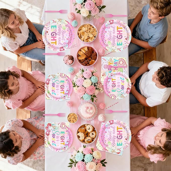 96 Pcs Sweet Sassy and 8 Birthday Decorations Donut 8th Birthday Party Decorations for Girls Colorful Donut Plates and Napkins 8 Years Old Disposable Party Supplies Serves 24