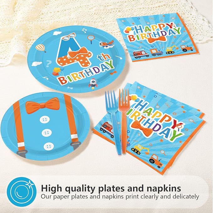 96Pcs Cartoon Teacher Theme Party Supplies Happy 4th Birthday Plates and Napkins Orange Blue Theme Tableware Set for 4th Boys Teenagers Cartoon Birthday Party Decorations Serves 24