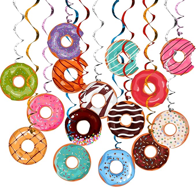 Sweet Donut Hanging Swirl Party Decorations 30 Pack Foil Ceiling Hanging Streams Party Supplies Banner Decor for Kids Donut Candy Birthday Celebrating Party Events Baby Shower Room Wall Decor