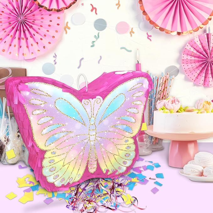 KiDEPOCH Butterfly Pinata for Birthday Party Supplies Colorful Pull String Butterfly Pinata for Girls Butterfly Themed Party Decoration, Small Pinata Party Supplies(16 x 12.6 x 4.2 In), Dark Pink