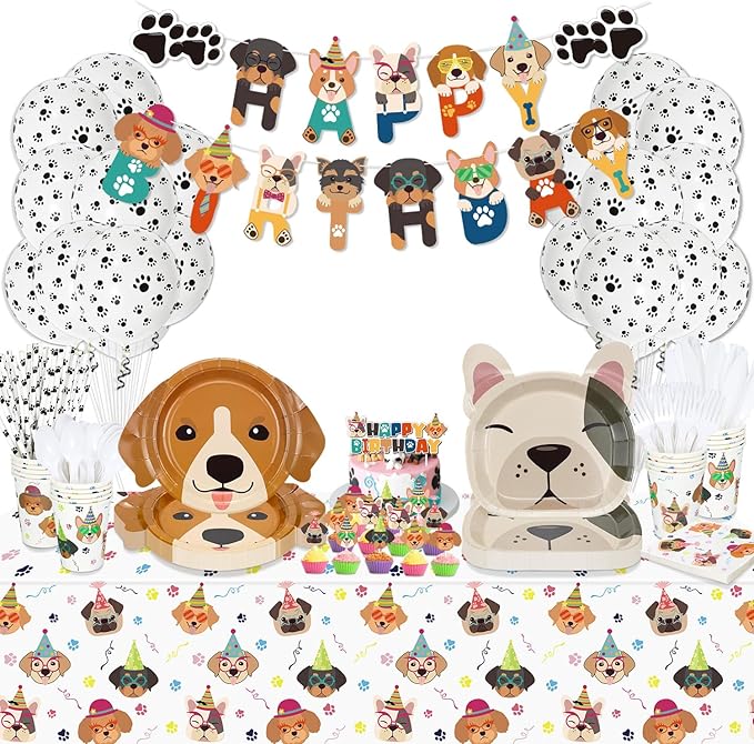 Dog Birthday Party Supplies - Cut Puppy Dog Paw Party Supplies for Doggy, Kids, Birthday Includes Plates, Cups, Napkins, Tableware, Tablecloth, Banner, Balloons, Cake Toppers - Serves 20