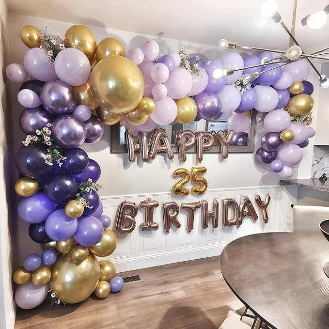 Purple and Gold Balloons, 12 Inch 35PCS Dark Pastel Purple Lavender Balloons with Metallic Gold Confetti Balloon for Girls Women Wedding Baby Shower Butterfly Princess Theme Birthday Party Decorations