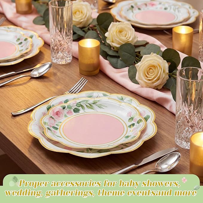 60 Pcs Eucalyptus Paper Plates 9 in and 7 in Pink Dessert Party Plates with Gold Rim Disposable Floral Shape Tableware for Wedding Birthday Party Baby Shower Bridal Shower