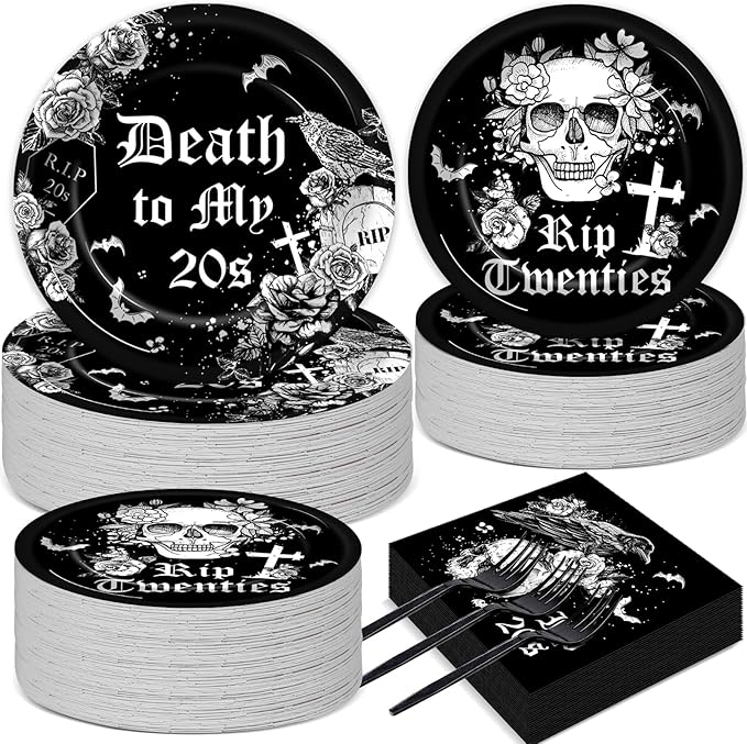 50 Guests 30th Birthday Plates and Napkins Party Supplies Death to My 20s Party Decorations Rip To My 20s Disposable Tableware Set Death To My Twenties Dinnerware Favor for Men Women, 200PCS