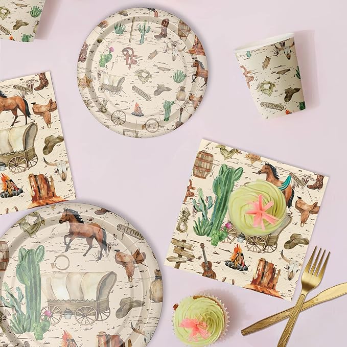 Western Cowboy Party Decorations Tableware For Birthday & Baby Shower - Wild West Party Supplies, Plate, Cup, Napkin, Tablecloth, Cutlery, Straw, Rodeo Party Decorations Dinnerware | Serve 24