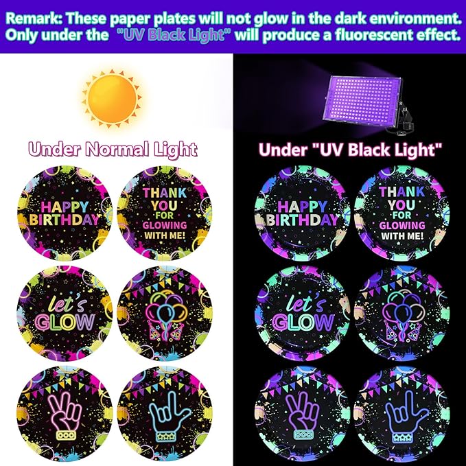 60 Pcs Neon Plates, 9'' Neon Party Decorations Paper Plates for Glow in the Dark Party Supplies Let's Glow Decor