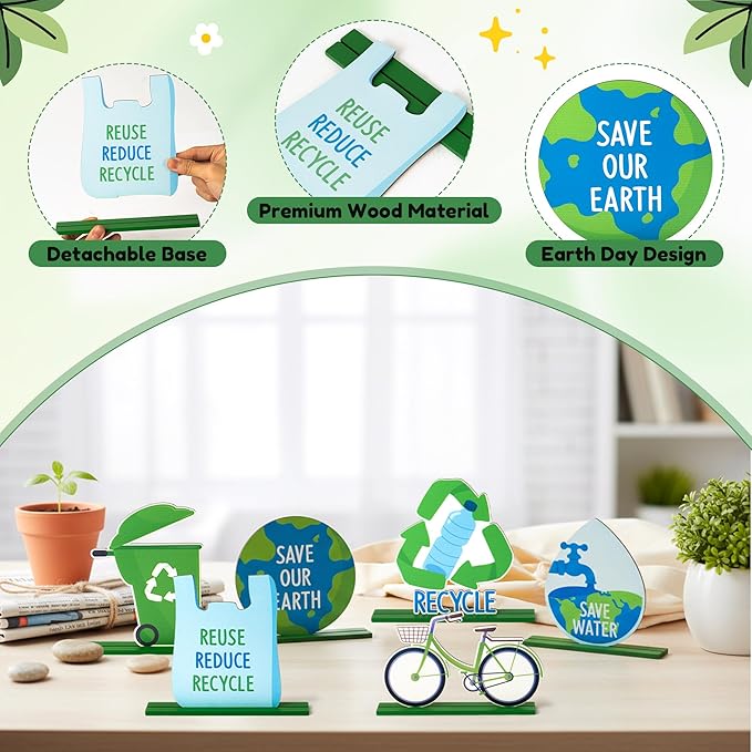 6Pcs Earth Day Cute Tiered Tray Decoration Centerpieces, Environmental Protection Wood Sign Recycle Save Water Table Topper Decor Happy Earth Day Supplies for School Home Office Desk Shelf