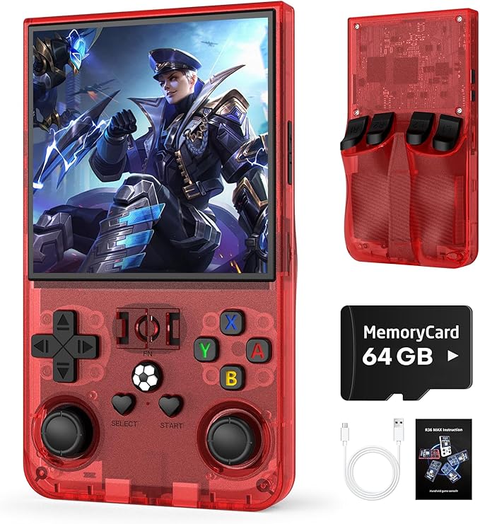 R36MAX Retro Handheld Game Console, 64GB Retro Gaming Console with 4.0 Inch Screen, Portable Video Game Consoles with 4000mAh Battery and Multiple Emulators, Open Linux System (Transparent Red)