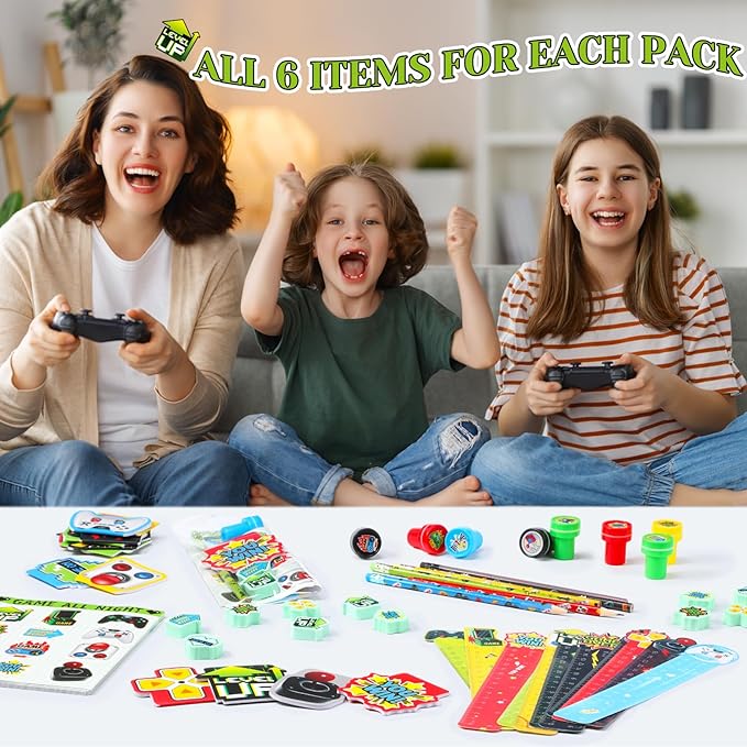 Cholemy 168 Pcs Video Game Party Favors Include Gaming Mini Notebook Gamer Birthday Sticker Pencil Stamper Ruler Eraser for Boy Teen Game Gifts Classroom Rewards Favor Party Supplies Decor(Bright)
