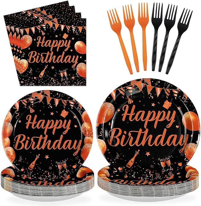 96Pcs Orange Black Happy Birthday Party Decorations Black and Gold Plates and Napkins Disposable Whiskey Bday Tableware Set for Women Girls Kids Boys Men Birthday Baby Shower Party Supplies Serves 24
