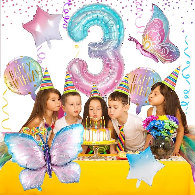 Butterfly 3rd Birthday Decorations for Girls, Gradient Pink Colorful Foil Balloon, Giant Number 3 Mylar Balloon, 3 Years Old Theme Party Supplies Decor