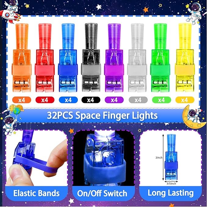 32 Pcs Finger Lights Space Theme Party Favors Decorations, Glow in the Dark Light Up Party Supplies Astronaut Toys Gift Bulk for Kids 3 4 5 8 Boys Girls Birthday Goodie Bag Stuffers Classroom Prizes