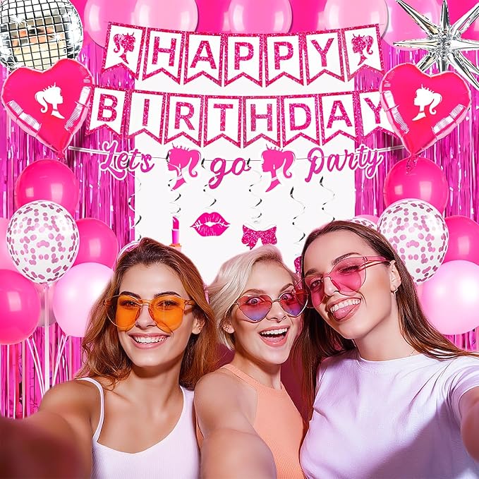 187Pcs Hot Pink Birthday Party Decoration Supplies, with 20 Plates Tableware Set and Birthday Banner Backdrop Foil Balloons Stand Cake Toppers Sunglasses Photo props Etc for Girls Women Party Decor
