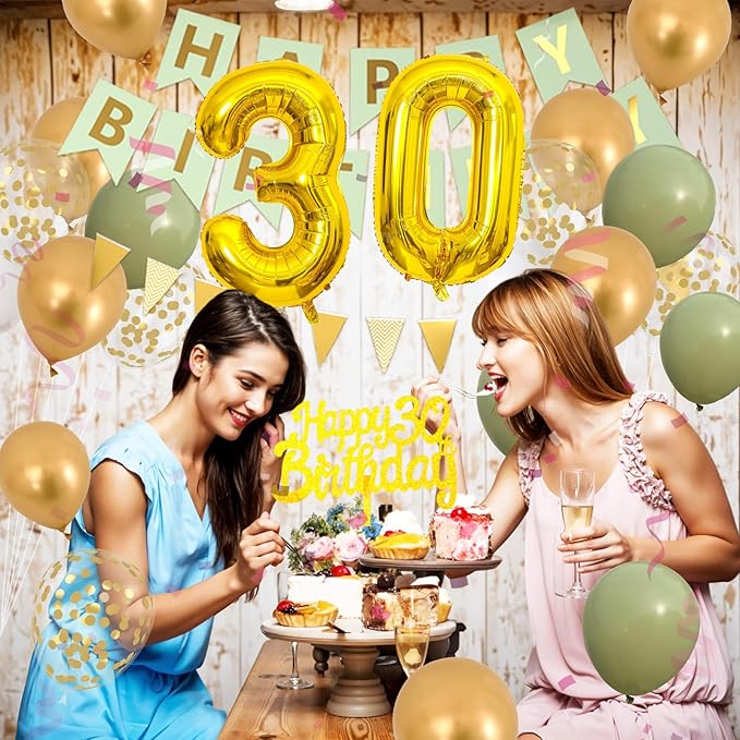 30th Birthday Decorations for Men Women, sage green Happy Birthday Party Decorations With gold Number 30 Balloons Gold Confetti Balloons Fringe Curtain Cake Topper For 30th Party Supplies