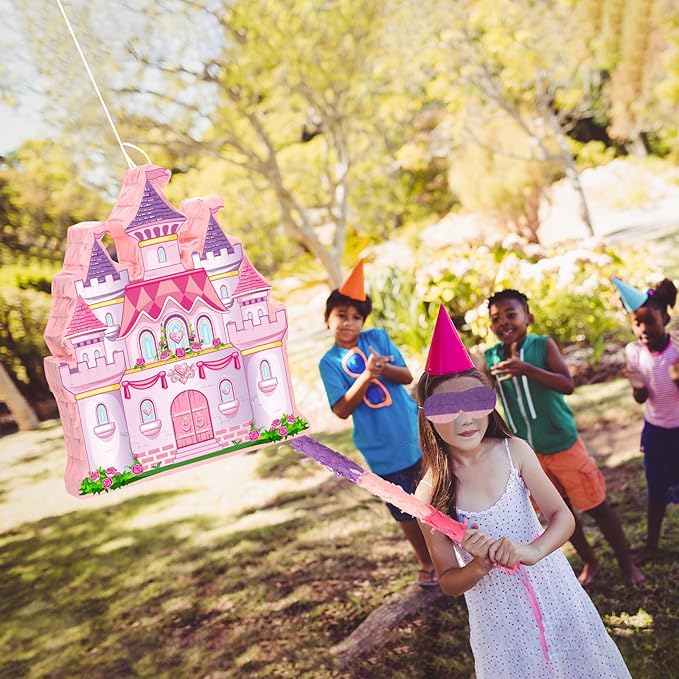 Princess Castle Piñata Bundle Girl Princess Party Piñata Set Include Pink Castle Piñata stick and Blindfold Mask for Princess Theme Birthday Party Supplies Decor, 16.1 x 13.4 x 3.2 Inch
