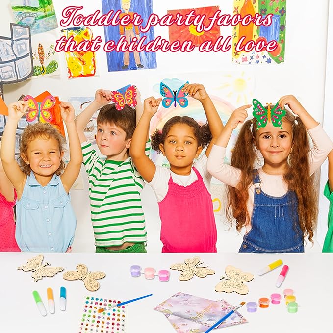 24 Pack Butterfly Party Favors - Non-Toxic Wooden DIY Butterflies Paint Craft - with Magnet Luminous Pen Diamond Sticker - Butterfly Birthday Party Supplies Goodie Bag Gift Prize for Kids Girl Toddler