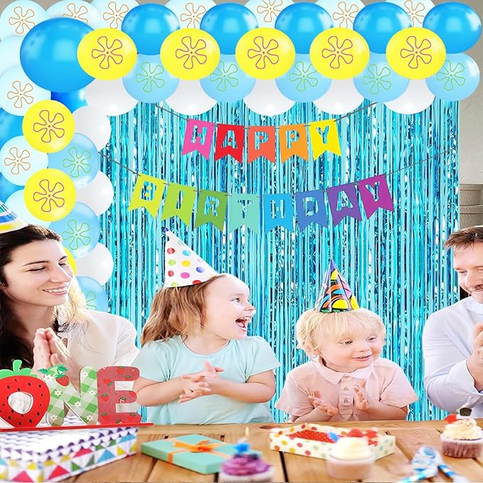 22Pcs Cartoon Baby Birthday Decorations, Aquamarine 3.3x8.2ft Tinsel Foil Fringe Curtains Banner and Cute Flowers Bubbles Balloons for Cute Theme Party Decorations Boys and Girls Party Supplies
