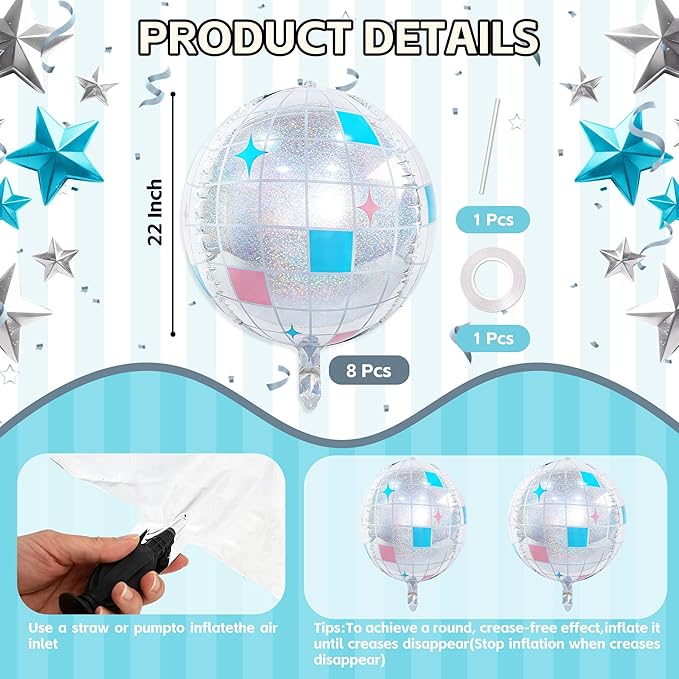 TONIFUL 8Pcs 22Inch Large Laser Silver 4D Giant Round Foil Balloon 4D Metallic Mylar Sephere Balloons for Christmas New Year Birthday Party Graduation Wedding Bridal Shower Decoration Supplies