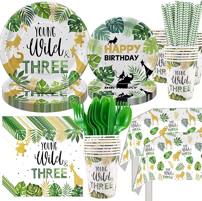 Young Wild And Three Decorations Tableware, Safari Jungle Theme 3rd Birthday Party Supplies Dinnerware Include Plates, Cup, Napkin, Cutlery, Tablecloth, For 3 Year Old Birthday Party | Serves 24