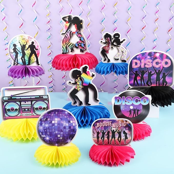 12PCS 70s Party Decorations Honeycomb Centerpieces Disco Theme Party Decorations Disco Ball Table Centerpieces for Retro Theme Birthday Music Neon Night Table Decor