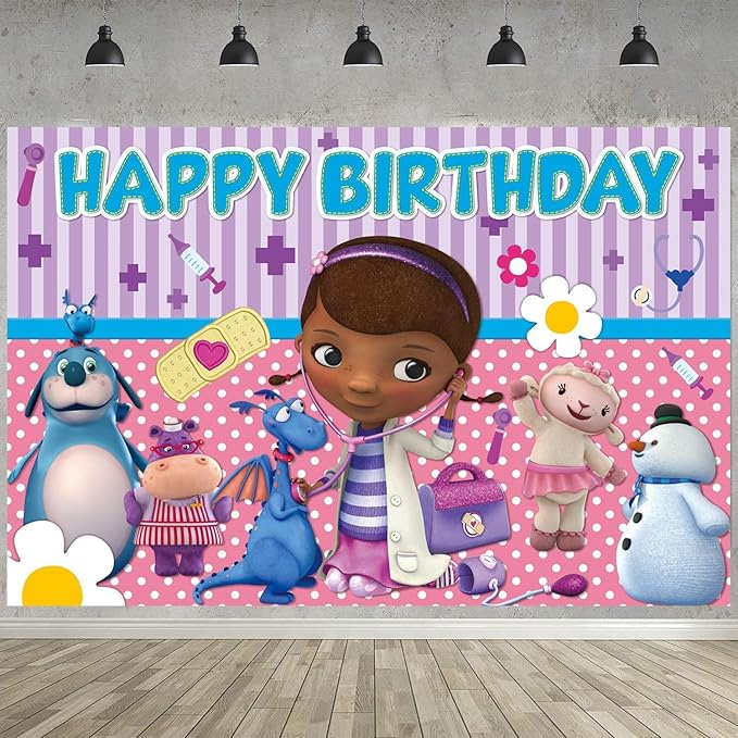 Doc Girls Birthday Party Decoration,Doc McStuffins Party Photo Background 5 x 3 FT and 18 Pcs Balloon,Cartoon Merch Party Backdrop Supplies