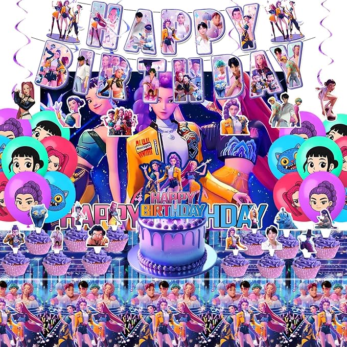 Demon Hunters Birthday Decorations, Party Supplies Set Include Banner, Backdrop, Balloons, Hanging Swirls, Cake Cupcake Toppers, Tablecloth for Boys Girls Kpop Theme Party