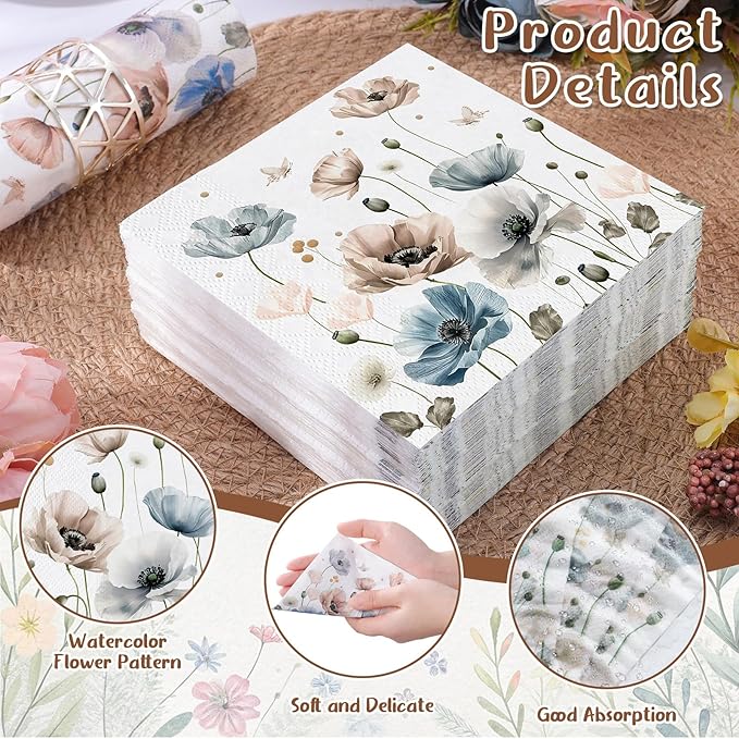 100 Pcs Floral Paper Napkins,Watercolor Boho Floral Napkins Disposable Cocktail Napkins Decorative Beverage Napkin for Wedding, Bridal Shower, Birthday