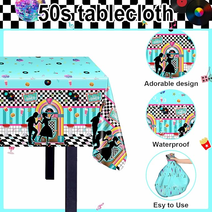 Avezano 3 pcs 50s Tablecloth 1950s Party Decorations Rock Roll Table Cover Large Plastic Tablecloth Birthday Rocking Party Supplies for Music Anniversary Party, 108x54 Inch