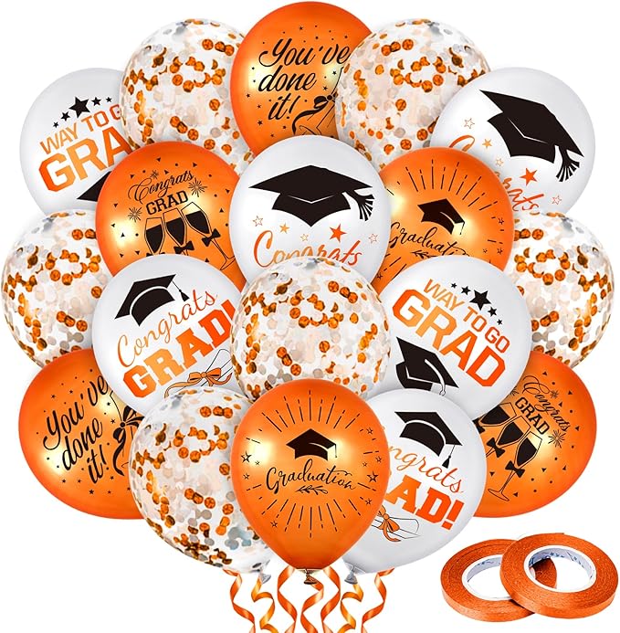Whaline 60Pcs Graduation Party Balloon Set 7 Designs Orange White Confetti Latex Balloon with 2 Rolls Ribbon Grad Cap Congrats Grad Balloon for Graduation Party Decoration Supplies